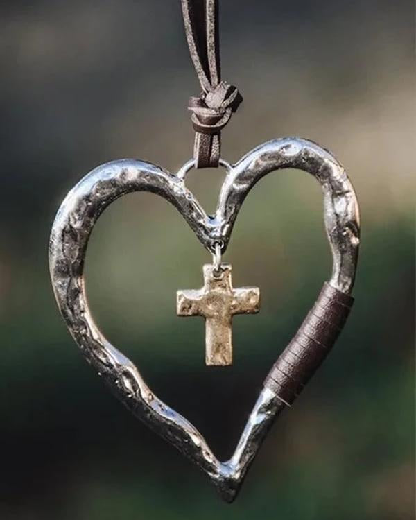 Vintage Cross Love Heart Adjustable Pendant Necklace