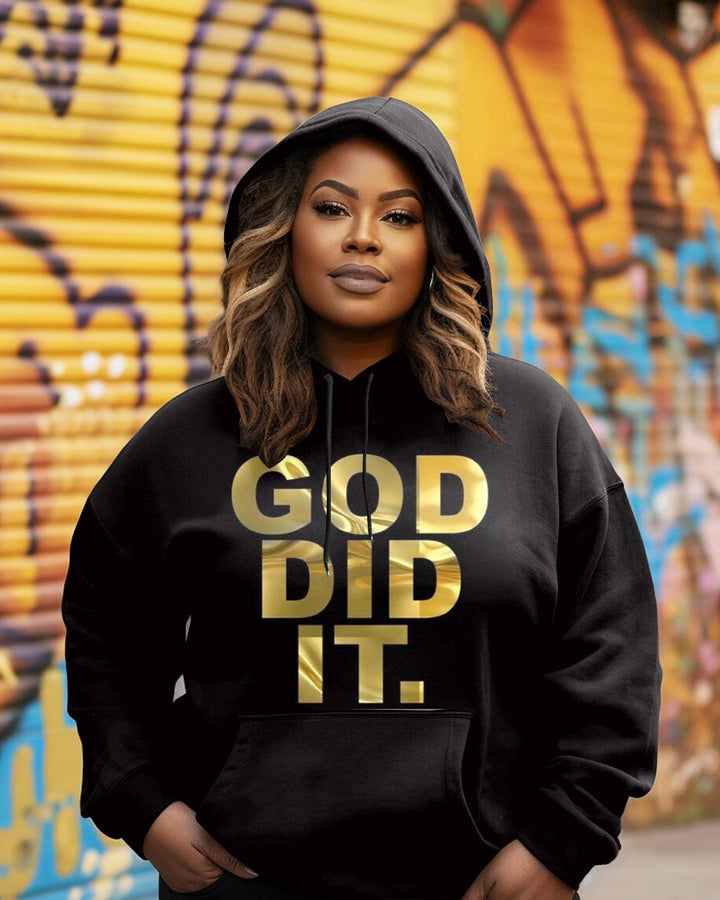 Women's Fashion Daily God Did It Letter Print Long-sleeved Hooded Sweatshirt