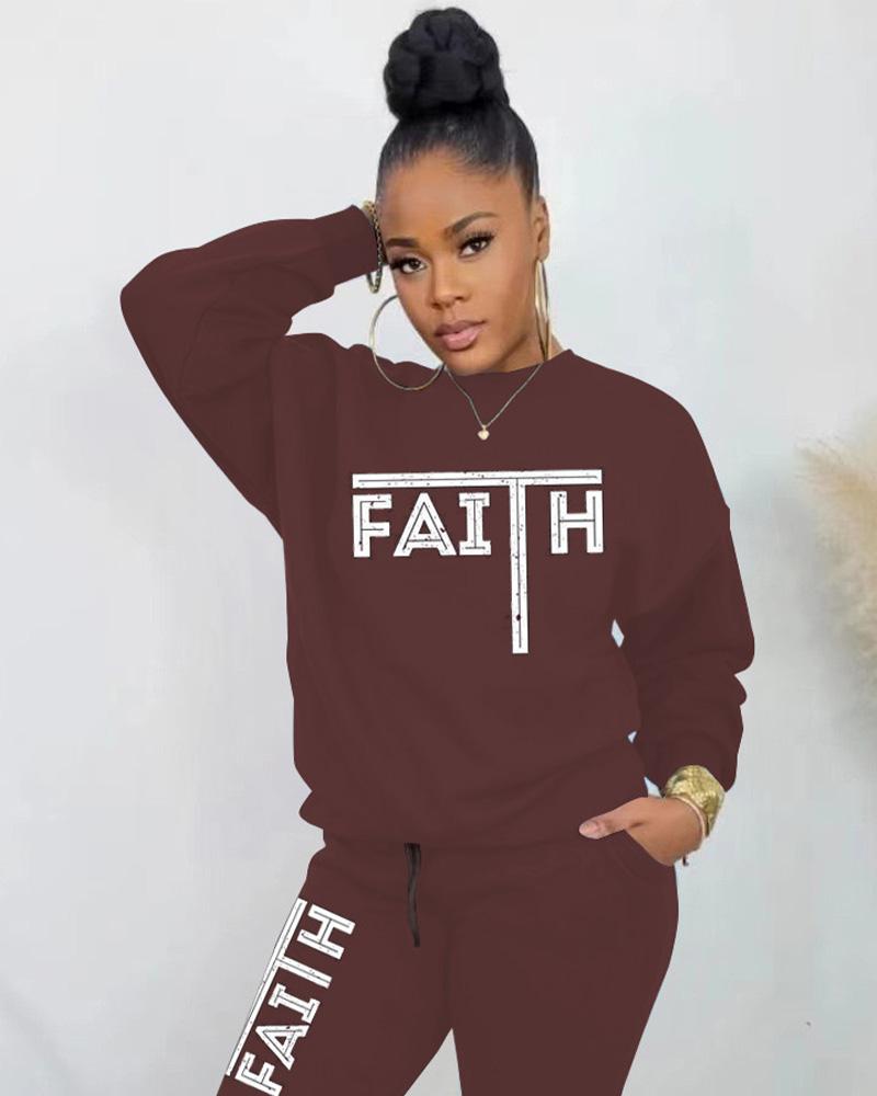 Faith Long-Sleeved Crew Neck Sweatshirt and  Letter Casual Pants