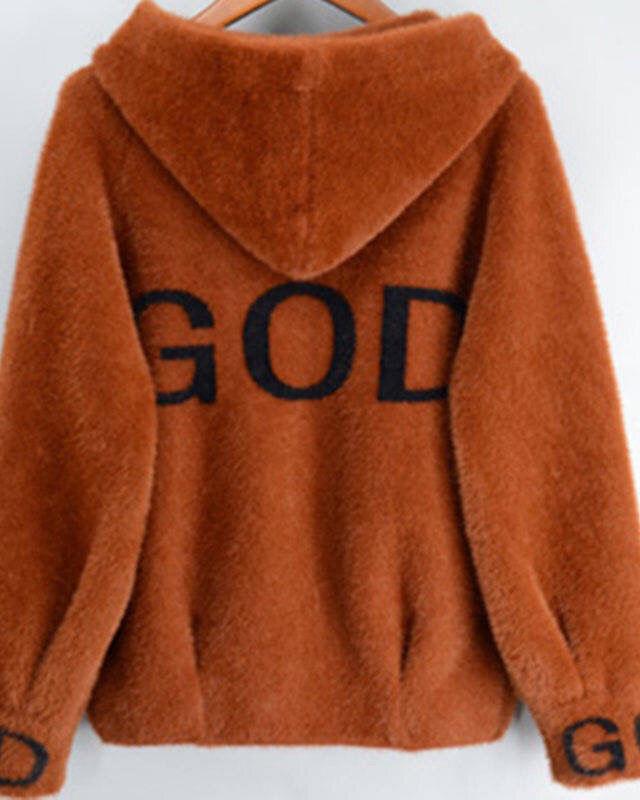 God Knitted Plush Hoodie Cardigan Jacket