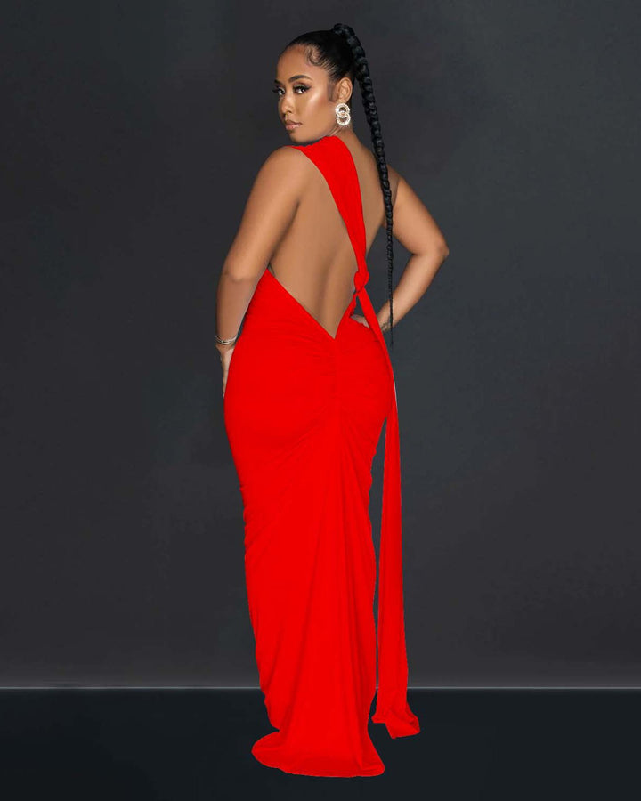 Fashionable Elegant Solid Color Backless Pleated Irregular Long Dress