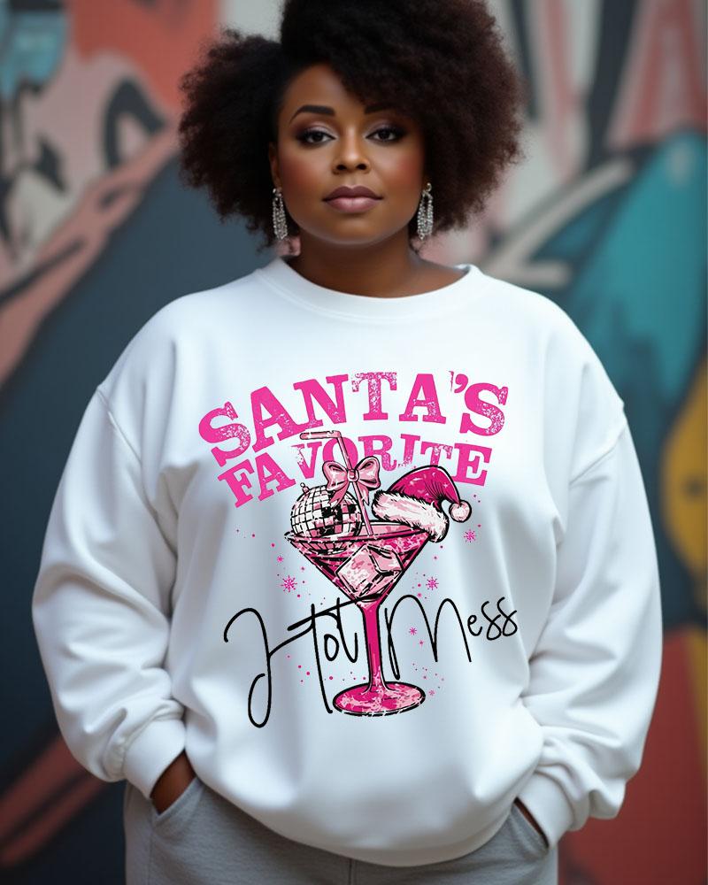 Women's Christmas Slogan Santa's Favorite Hotmess Print Crew Neck Sweatershirts