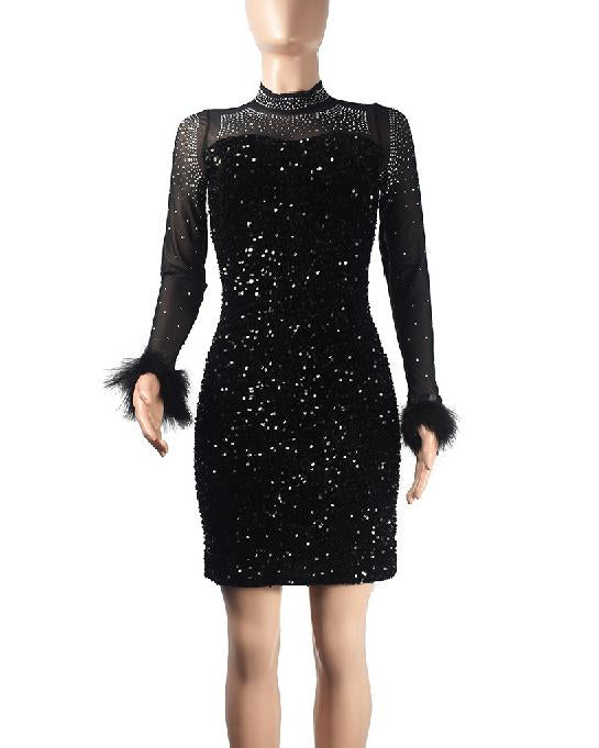 Women's Fashion Sexy Rhinestone Hip-Wrapped Feather Sequin Evening Party Long Sleeves Short Dress