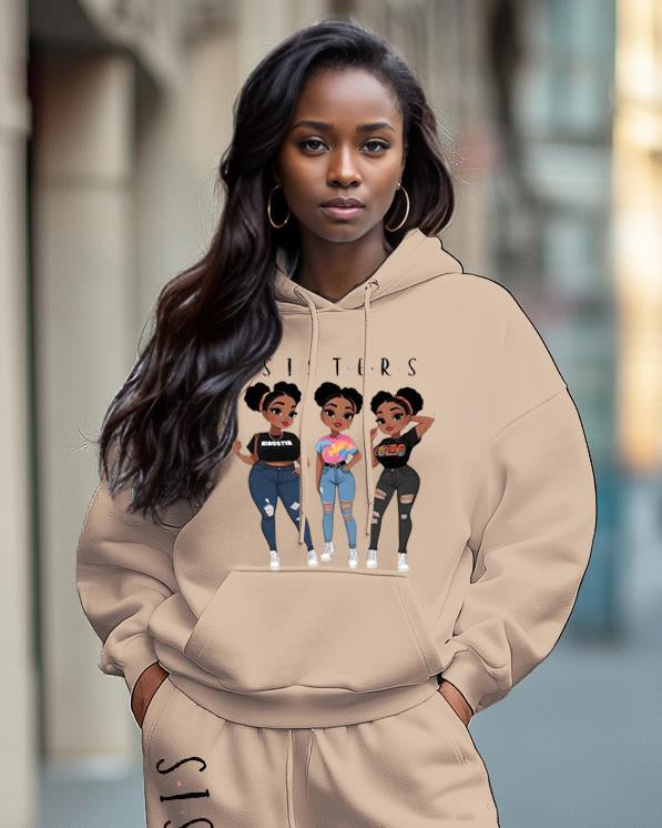 Black Girl Graphic Printed Round Neck Long Sleeve Hoodie Two Pieces Set