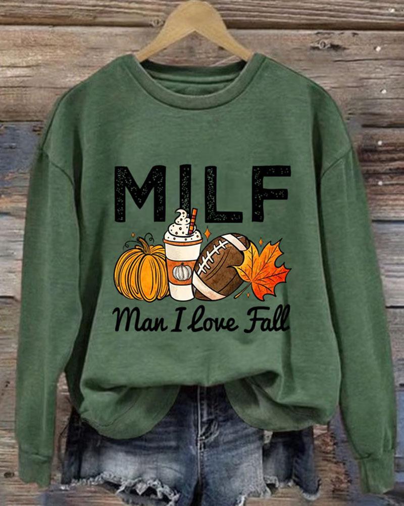 Women's Thanksgiving Man I Love Fall Print Round Neck Sweatshirt