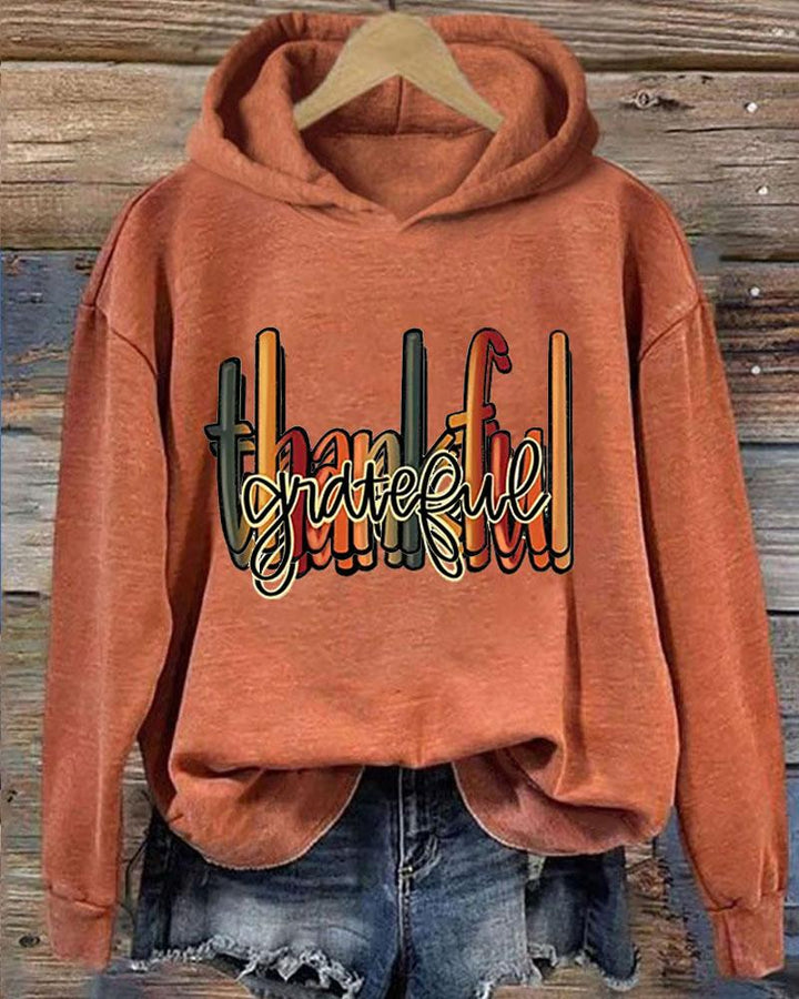 Women's Thanksgiving Thankful Grateful Print Long Sleeve Hoodie With Pocket