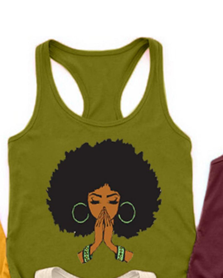 Cotton Fashion Black Girl Cartoon Avatar Print Racerback Tank Top