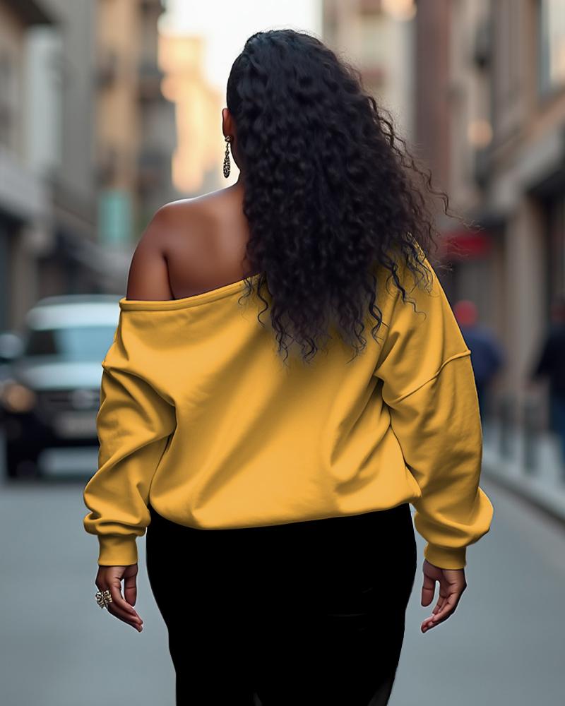 Hello Curls Long-Sleeved Off-Shoulder Sweatshirt