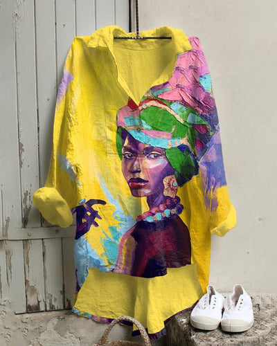 Retro Oil Painting Head Girl Cotton And Linen Tunic Shirt