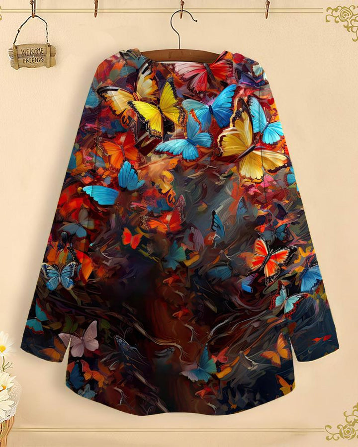 Artistic Butterfly Portrait Long-Sleeved with Loose Hem Hoodie