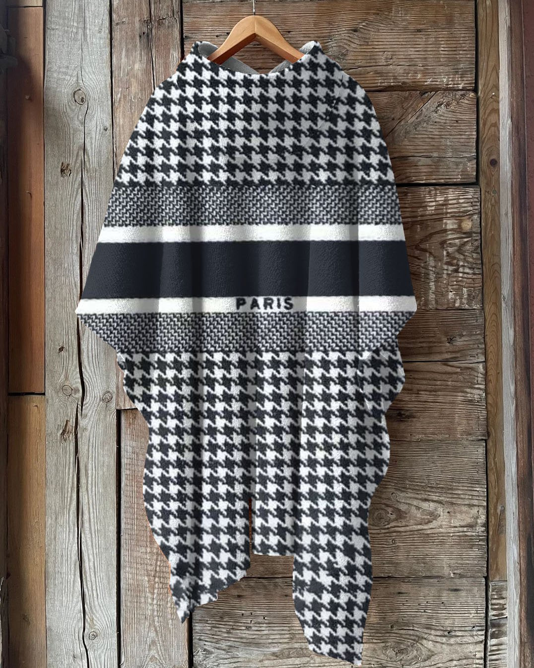 Houndstooth Stripes Stitching Hooded Warm Shawl Cape