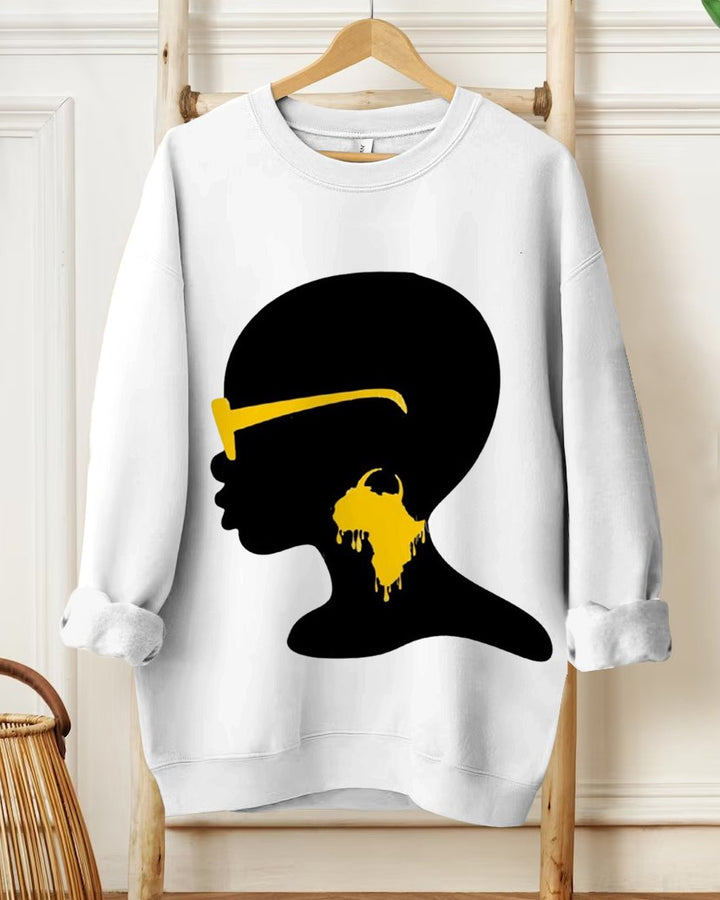 Women's Casual Fashion Bald Woman with Earrings Prints Long-sleeved Sweatshirt