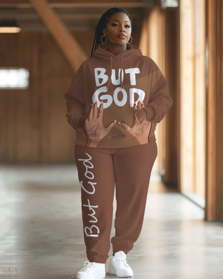 BUT GOD Letter Print Long Sleeve Hoodie Two Pieces Set