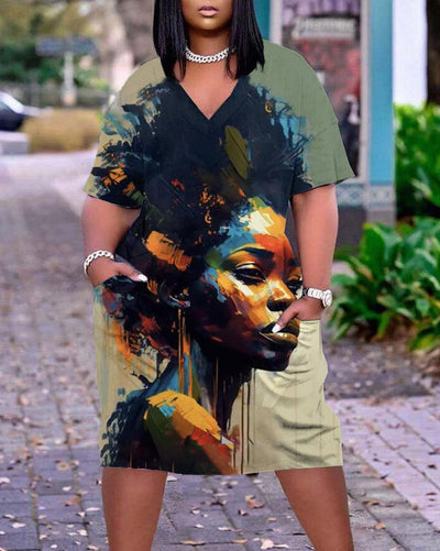 V-neck African Women Oil Painting Pocket A-line Dress