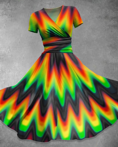 V Neck Rasta Geometric Curve Maxi Dress