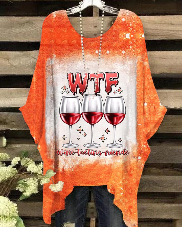 Thanksgiving Wine Turkey Family Crewneck Batwing Sleeve Tie-Dye Printed Blouse