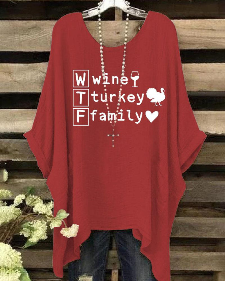 Women's Thanksgiving Wine Turkey Family Round Neck Print Shirt