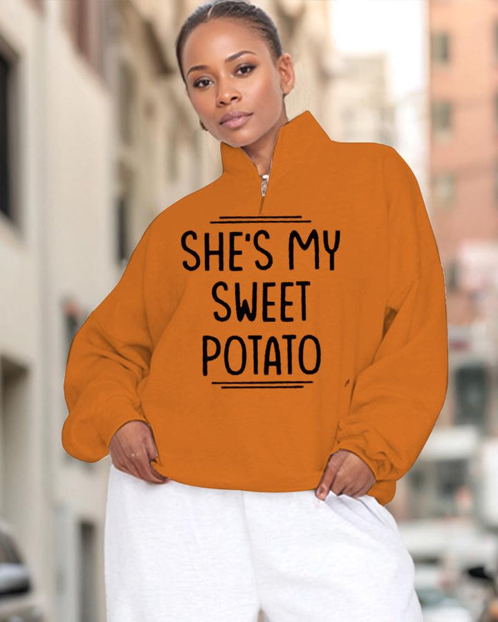 She’s My Sweet Potato I Yam Matching High Collar Zipper Long Sleeve Casual Sweatshirt