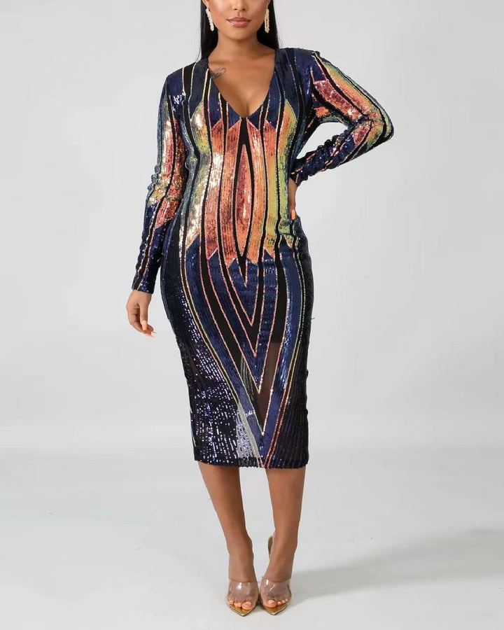 Women's Fashion Sequin V-Neck Geometric Pattern Print Evening Party Long-Sleeved Dress