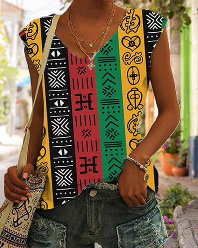 Black ethnic style color contrast personality print sleeveless ladies vest