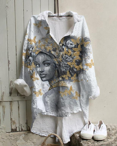 Golden Butterfly Tribal Girl Cotton And Linen Tunic Shirt