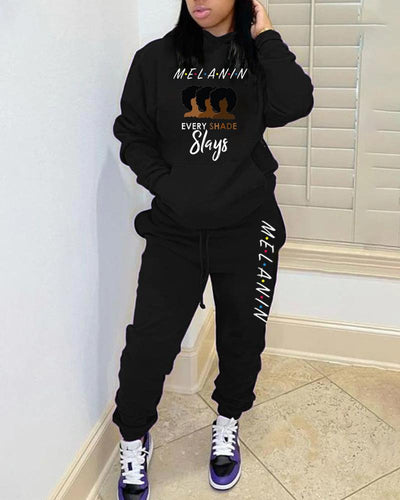 Hooded Black Letter Contrasting Color Head Print Ladies Sweater Set