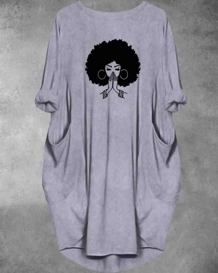 Praying Afro Girl Long Sleeve Pockets Midi Dresse