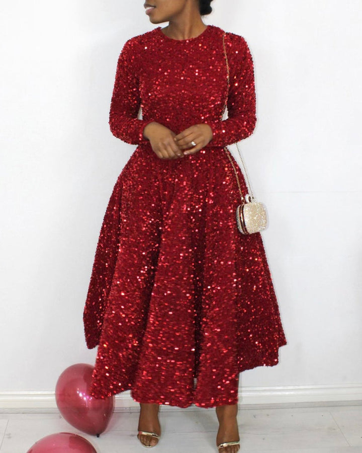 Fashion Sequin Temperament High Waist Round Neck Long Sleeve Mid-length Dress