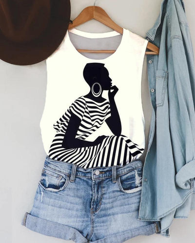Black and White Striped Black Girl Printed Women's Tank Top