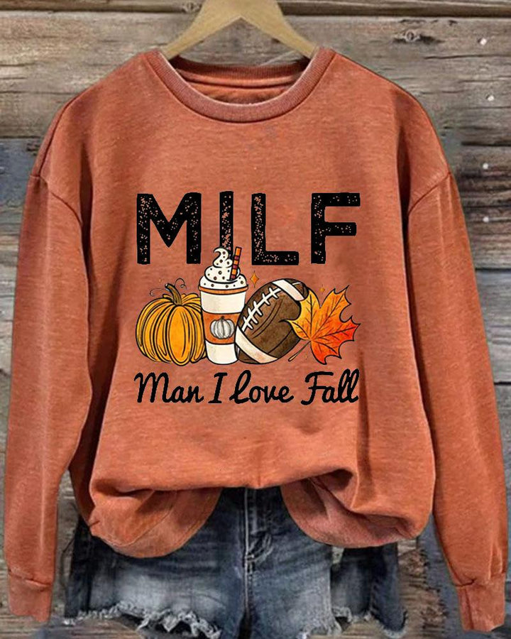 Women's Thanksgiving Man I Love Fall Print Round Neck Sweatshirt