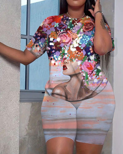 Colorful Flower Afro Girl Short Sleeve Shorts Set