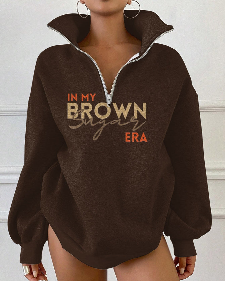 In My Era Brown Sugar Zipper Stand Collar Loose Fleece Sweatshirt