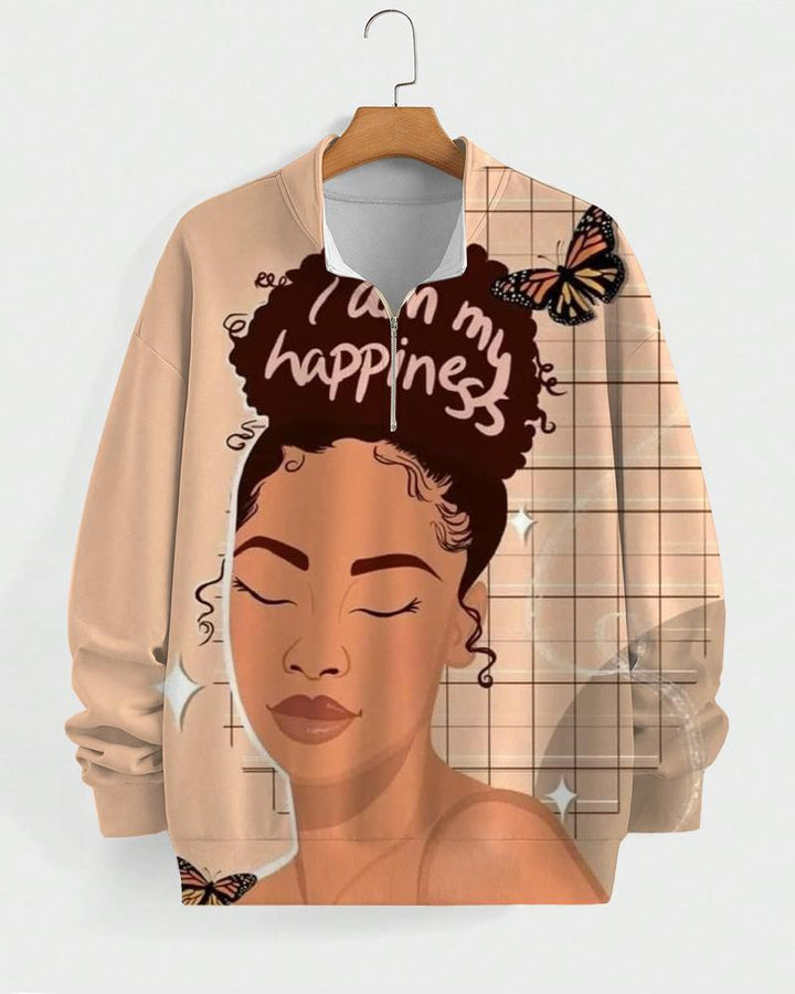 I Am My Happiness High Collar Zipper Long Sleeve Casual Sweatshirt