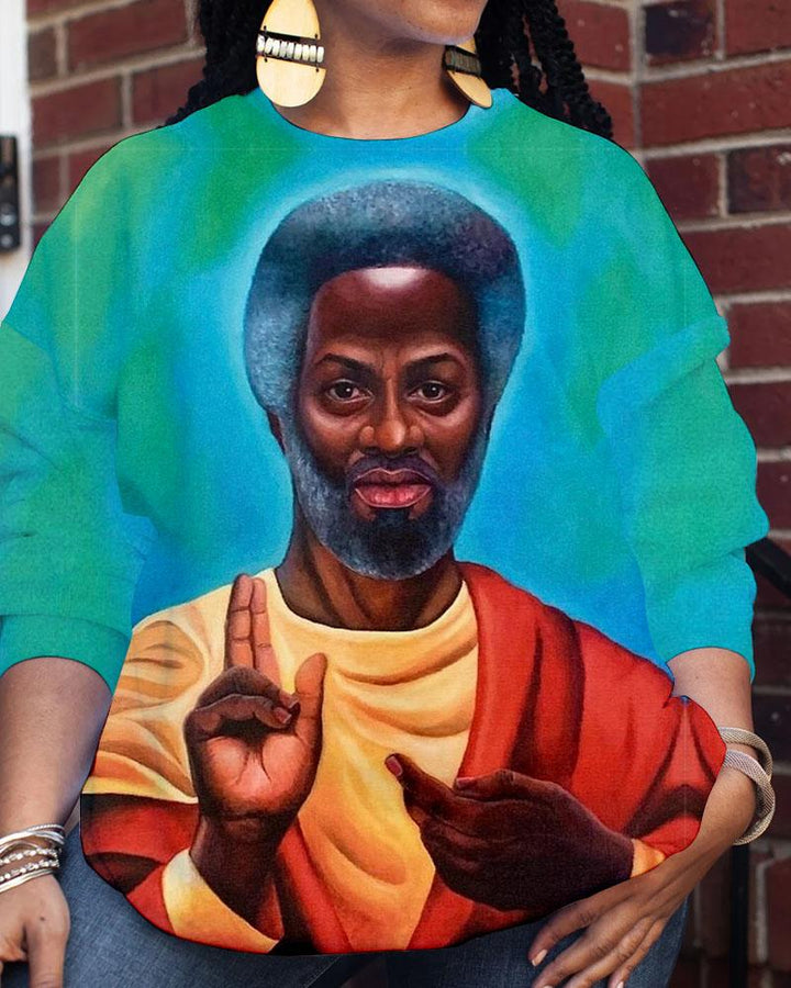 Women's Christian Black Jesus Illustration Print Crewneck Sweatshirts