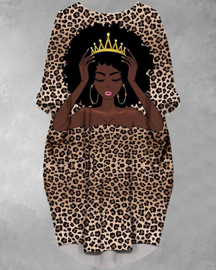 Leopard Print Crown Girl Baggy Long Sleeve Pockets Midi Dresses