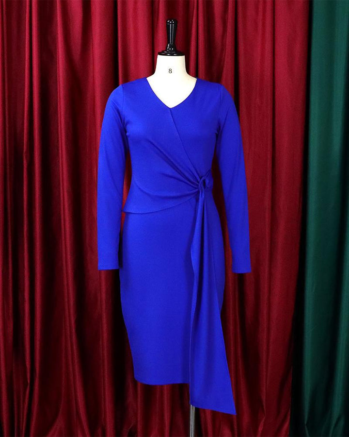 Fashionable Elegant Commuting Solid Color V-neck Long-sleeved Hip Dress