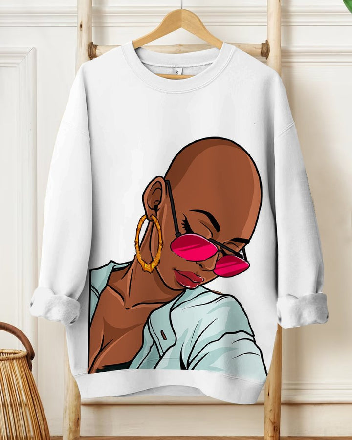 Women's Bald Hairstyle Fashion Sunglasses Black Gir Prints Long-sleeved Sweatshirt