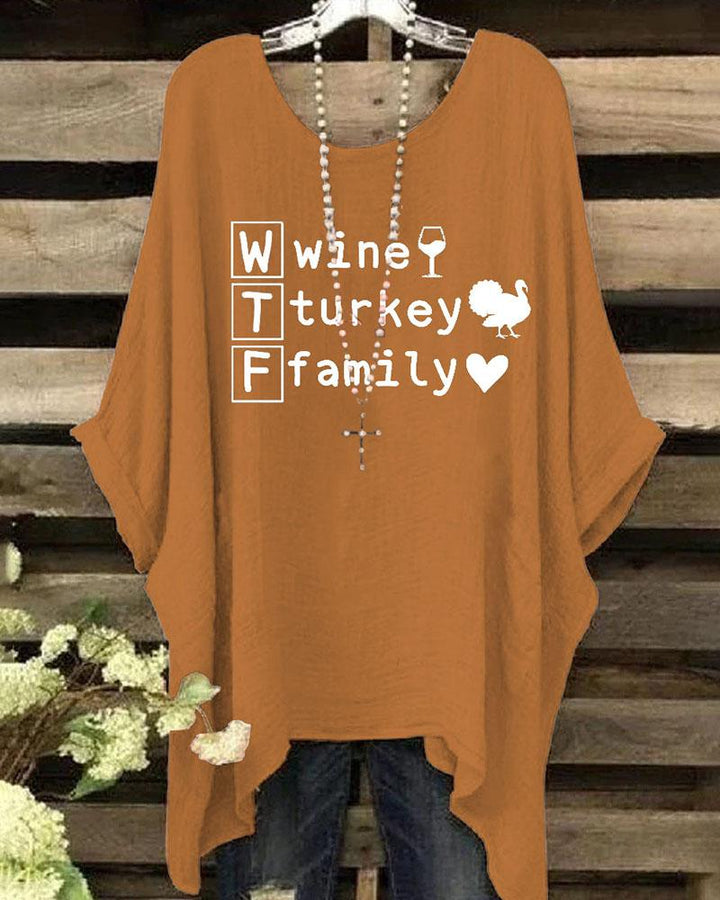 Women's Thanksgiving Wine Turkey Family Round Neck Print Shirt