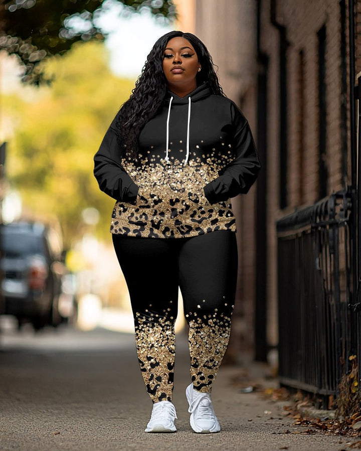 Fashion Simple Gold Leopard Print Long Sleeve Hoodie Two Pieces Set