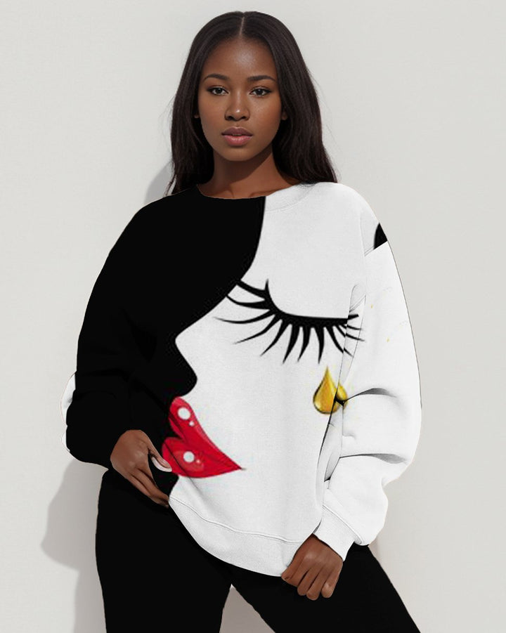 Black And White Contrast Face Art Print Sweatshirt Two Pieces Set