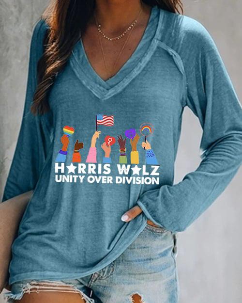 Women's Unity Over Division Printed V-neckt Long Sleeve T-shirt