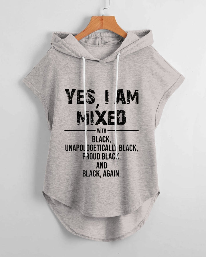 I Am Mixed with Black Low Hem Drawstring Hooded Tee