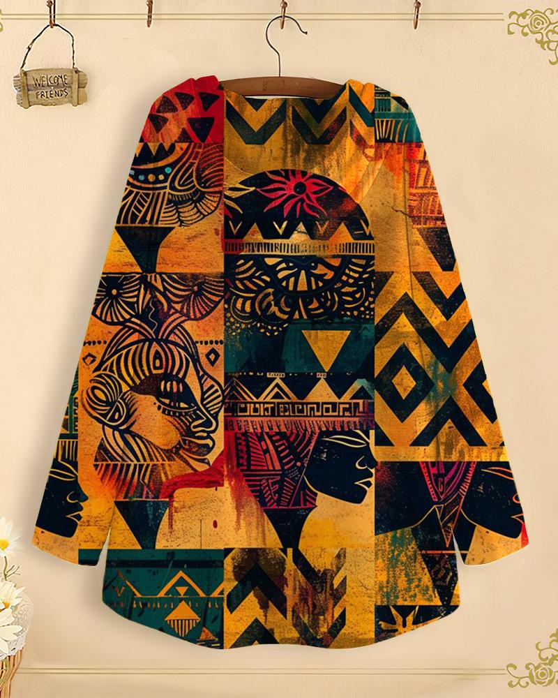 Retro Ethnic Print Long-Sleeved with Loose Hem Hoodie