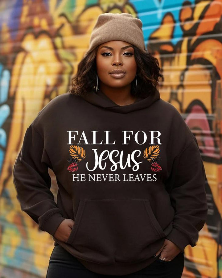 Women's Faith Fall For Jesus He Never Leaves Pocket Long Sleeve Hoodie