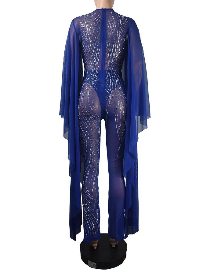 Women's Fashion Hot Diamond Mesh Sexy See-Through V-Neck Bat Sleeve Evening Party Jumpsuit