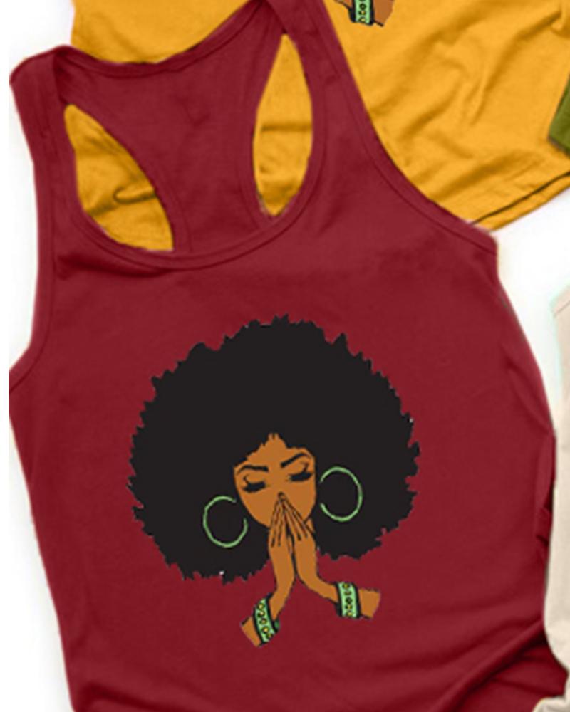 Cotton Fashion Black Girl Cartoon Avatar Print Racerback Tank Top