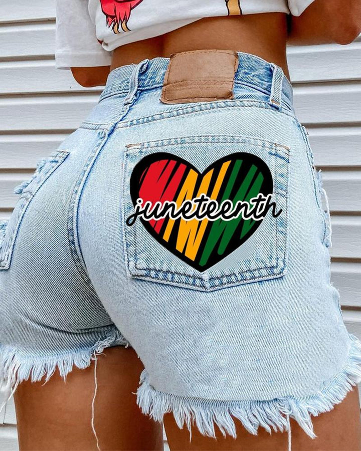 Juneteenth Heart Letter Print Denim Shorts