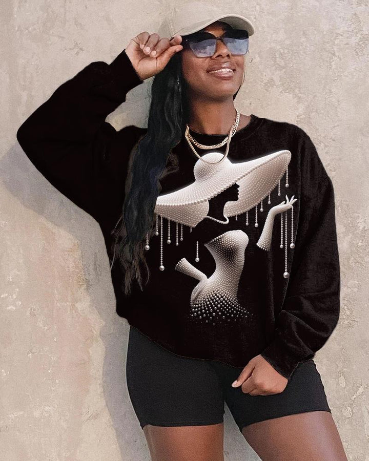 Elegant Black Woman with Pearls Long Sleeve Crewneck Sweatshirt