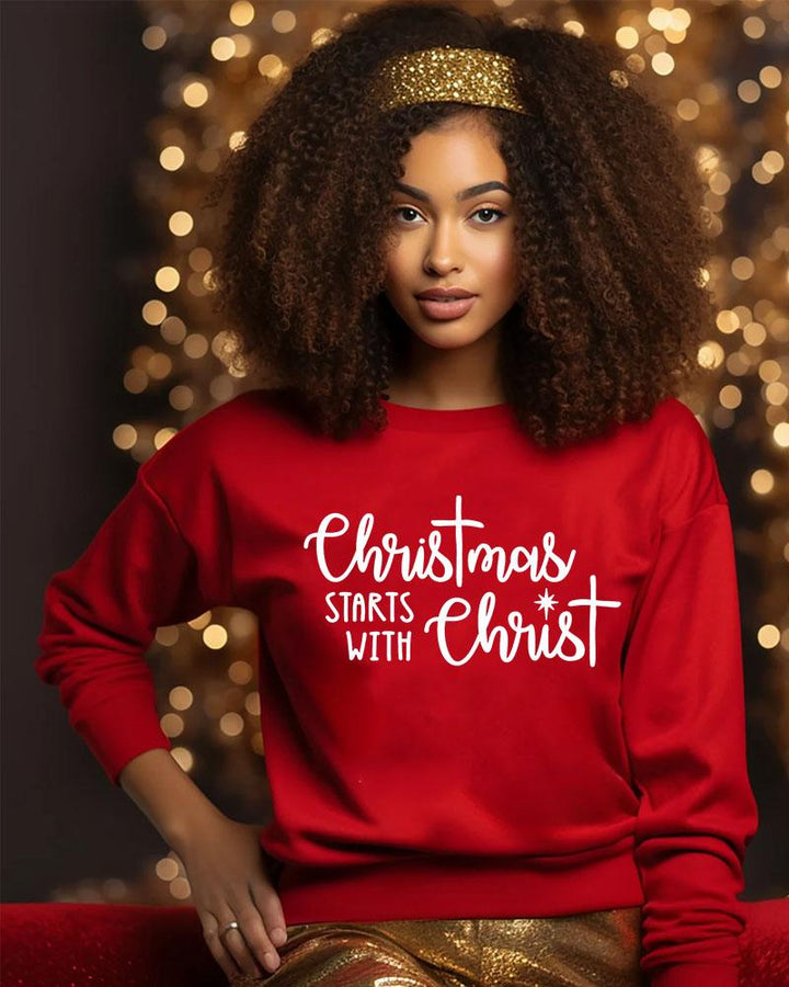 Women's Christmas Slogan Christmas Starts With Chirst Print Crewneck Sweatshirt