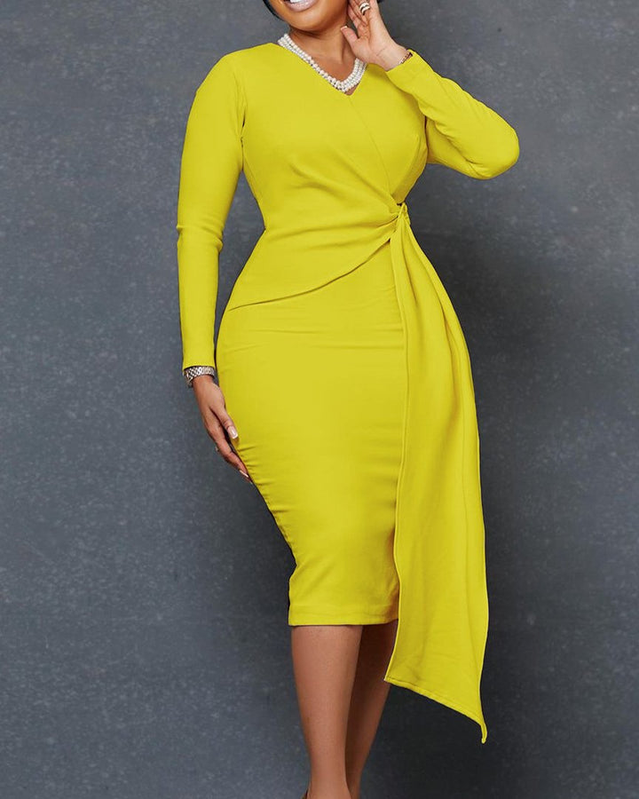 Fashionable Elegant Commuting Solid Color V-neck Long-sleeved Hip Dress